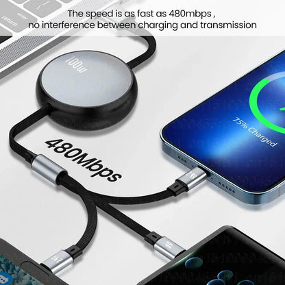 Retractable 3 in 1 USB Cable Lightning/Type C/Micro Fast Charge - Case Space AU